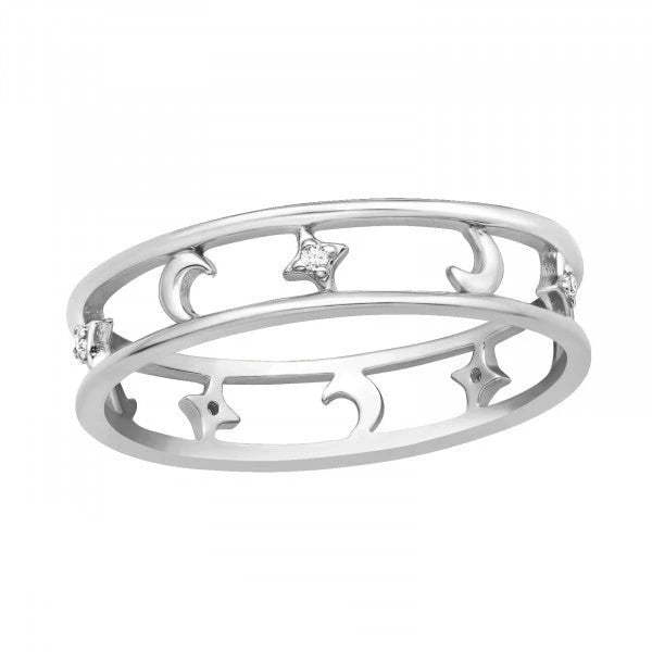 Silver Moon and Star Ring