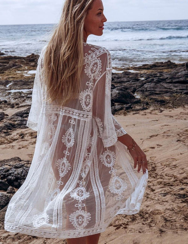 White Sheer Lace Paisley Kaftan Cover Up