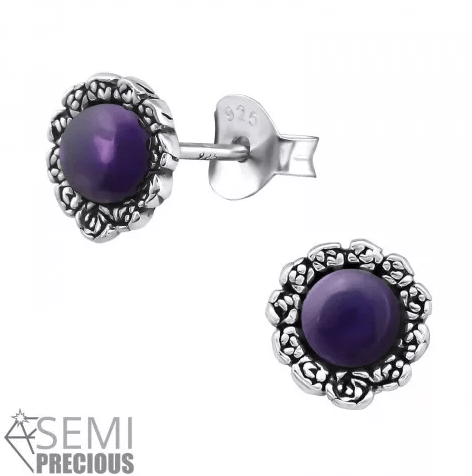 Silver Flower Earrings with Geniune Amethyst Stone