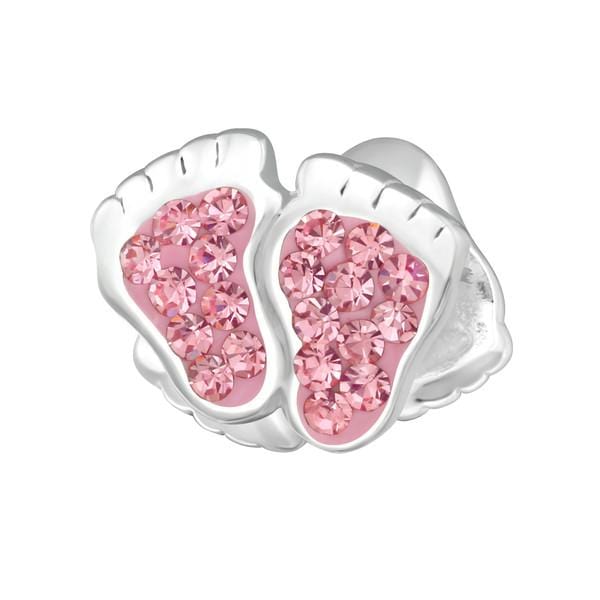 Silver Footprint Light Rose Charm Bead