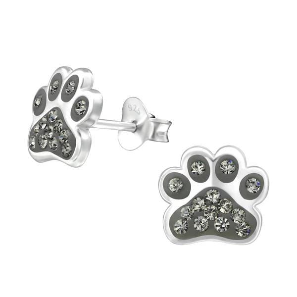 Kid's Silver Paw Print Ear Studs Swarovski Crystals Black Diamond