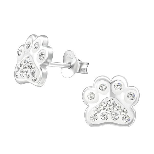 Kid's Silver Paw Print Ear Crystal Studs Swarovski Crystals