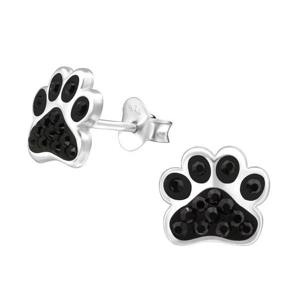 Kid's Silver Paw Print Ear Studs Swarovski Crystals Jet