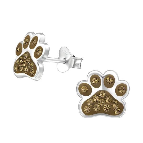 Kid's Silver Paw Print Ear Studs Swarovski Crystals Smoky Quartz	