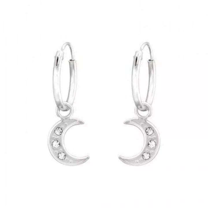 Silver Hanging Moon Hoops Earrings