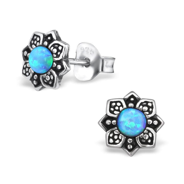 Sterling Silver Flower Opal Ear Studs -Azure