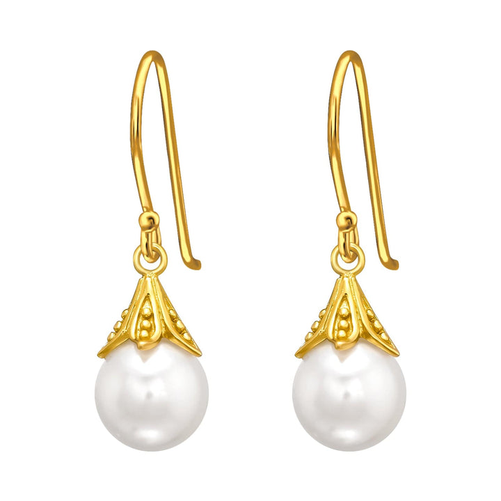 Gold White Pearl Round Earrings