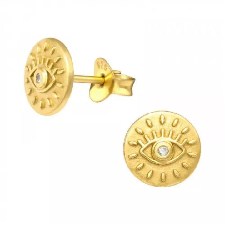 Gold Evil Eye Stud Earrings with Cubic Zirconia