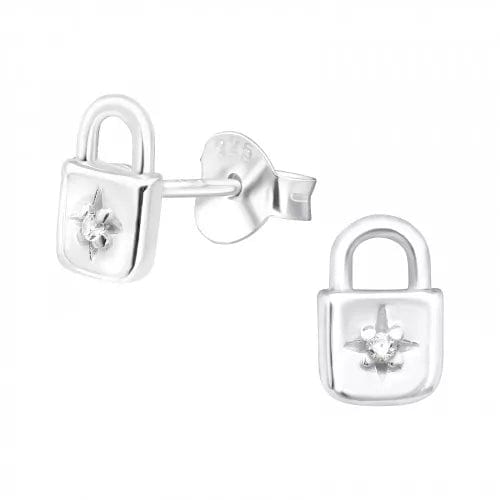 Silver Padlock Stud Earrings with Cubic Zirconia