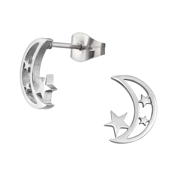 Steel Crescent Moon Star Ear Studs