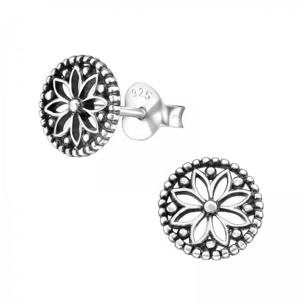 Silver Oxidized Flower Stud Earrings