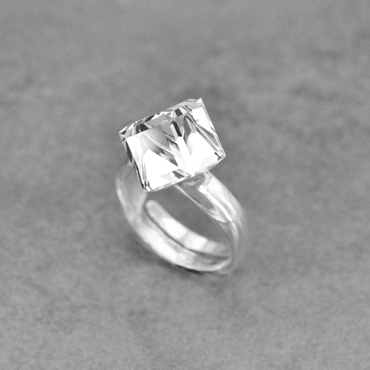 Silver Crystal Cube Stone ring